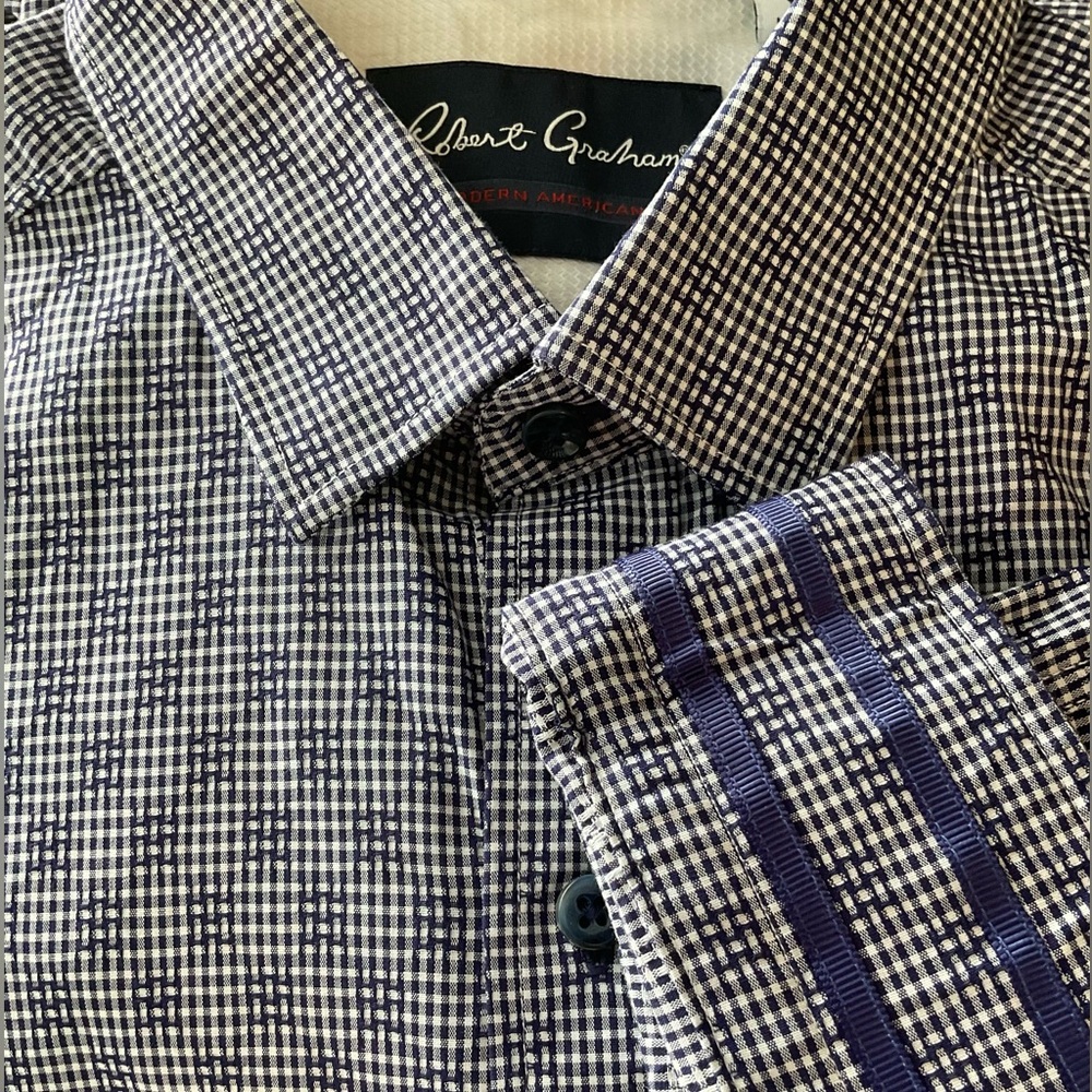 Robert Graham Modern Americana Blue Geo Plaid Tailored Fit L/S Button Up Shirt L